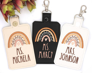 Personalized Boho Rainbow with Leaves Neutral Browns Vertical Badge ID Card Holder